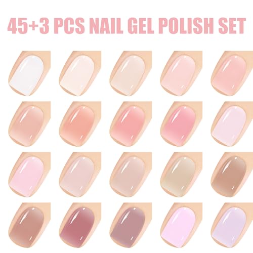 Vishine 48 PCS Gel Polish Set, 45 Jelly Nude Pink Gel Nail Polish Set All Season Neutral Sheer Milky White Gel Nail Polish Set with Gel Base and Matte Glossy Top Coat Manicure Salon at Home