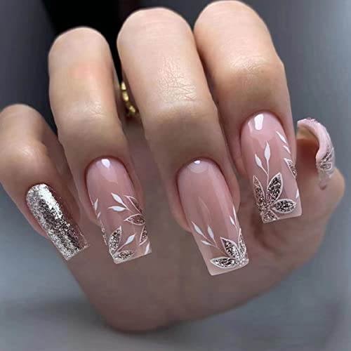 Short Almond Press on Nails Square Fake Nails Flowers Design Glossy Glue on Nails Full Cover False Nails Short White French Nail Tips Artificial Acrylic Nails Summer for Women DIY Nail Art Decorations