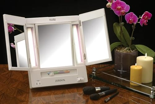 JERDON Lighted Makeup Mirror 5X Magnification Tri-Fold White