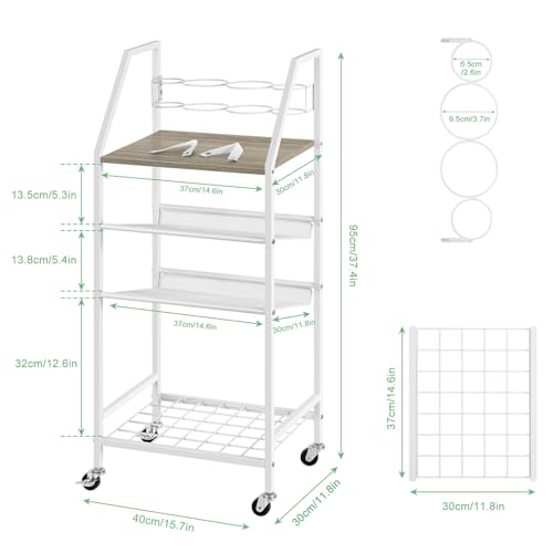 OYEAL White Bathroom Storage Cart Rolling Towel Cart On Wheels Freestanding Bathroom Shelf Unit with Hair Dryer Holder for Small Spaces, Living Room, Kitchen
