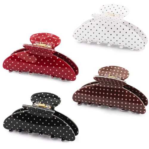 Vovii 4Pcs Polka Dot Hair Claw Clips for Women, Black, Red, White, Brown