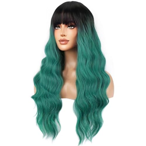 Green Ombre Wigs for Women Long Curly Wavy Synthetic Cosplay Costume with Bangs
