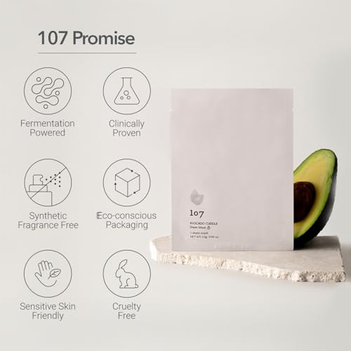 107 Avocado Face Mask, Pack of 5 Sheets, Infused with Avocado & Niacinamide, Nourishing & Moisturizing for Dry, Sensitive Skin, Korean Skincare, 0.88oz (25g) per Sheet