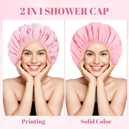 Double-Sided Shower Cap with Cherry Print and Pink Solid - Waterproof Hair Cover