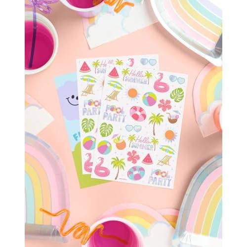 xo, Fetti Pool Party Temporary Tattoos - 68 Iridescent Foil Pcs | Summer Birthday Accessory, Kids Waterpark Party Favor, Cute Beach Activity