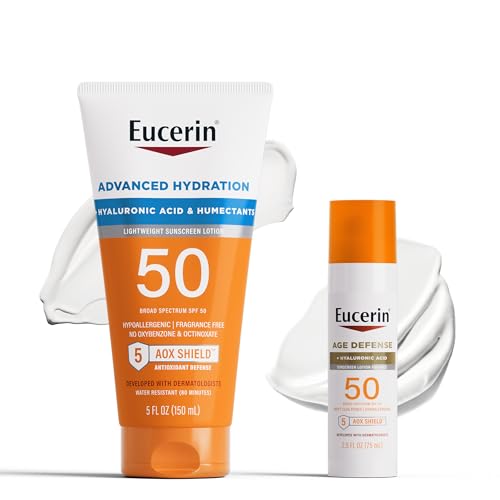 Eucerin Sun Sunscreen Pack with Hyaluronic Acid, Advanced Hydration SPF 50 Sunscreen Lotion, 5 Fl Oz Tube + Age Defense Face Sunscreen Lotion SPF 50, Facial Sunscreen, 2.5 Fl Oz Bottle