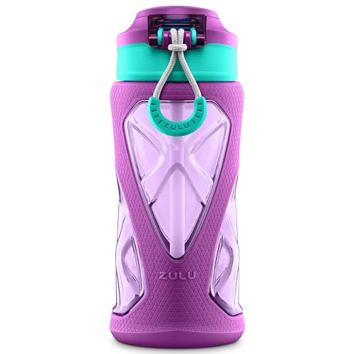 Zulu Torque 16oz Plastic Kids Water Bottle with Silicone Sleeve and Leak-Proof Locking Flip Lid and Soft Touch Carry Loop for School Backpack, Lunchbox, Outdoor Sports, Dishwasher Safe, Purple