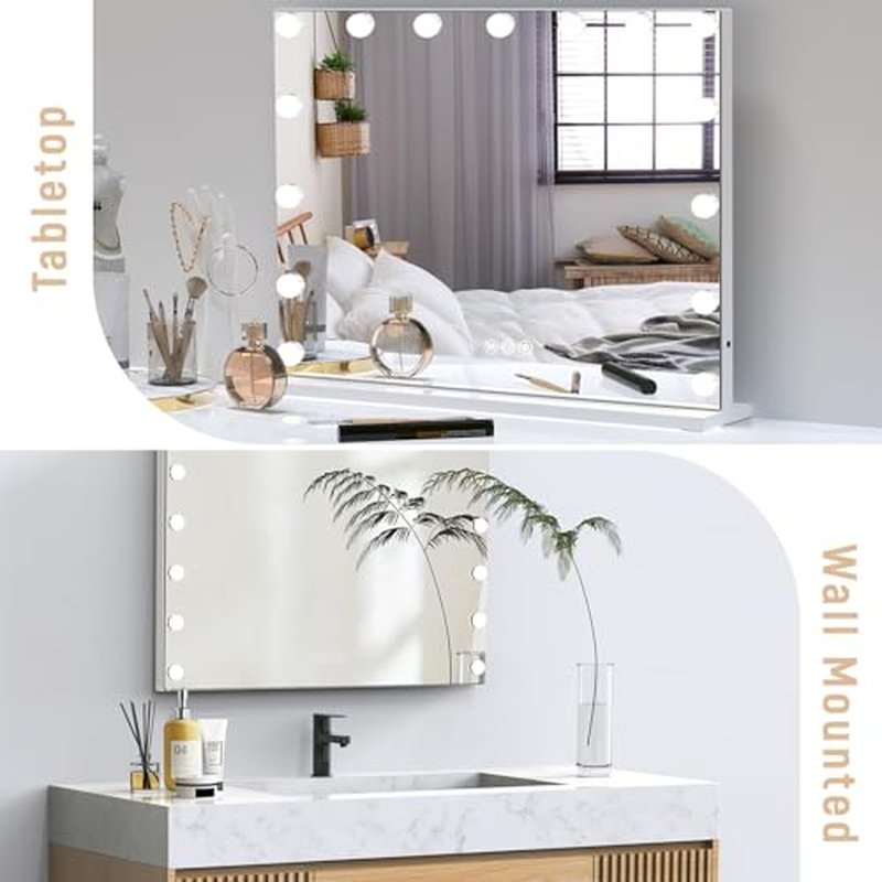 22.8"x 18.1" Vanity Mirror Makeup Mirror with Lights,10X Large Hollywood Lighted Vanity Mirror with 15 Dimmable LED Bulbs,3 Color Modes,Touch Control for Bedroom,Tabletop or Wall-Mounted