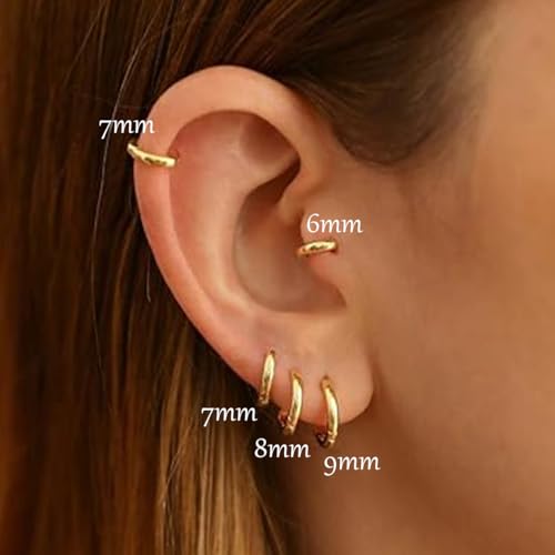 Small Hoop Earrings for Women, Dainty 14K Gold Plated Huggie Hoop Earrings Hypoallergenic Lightweight Cartilage Earrings Set for Multiple Piercings for Sensitive (6mm Gold)