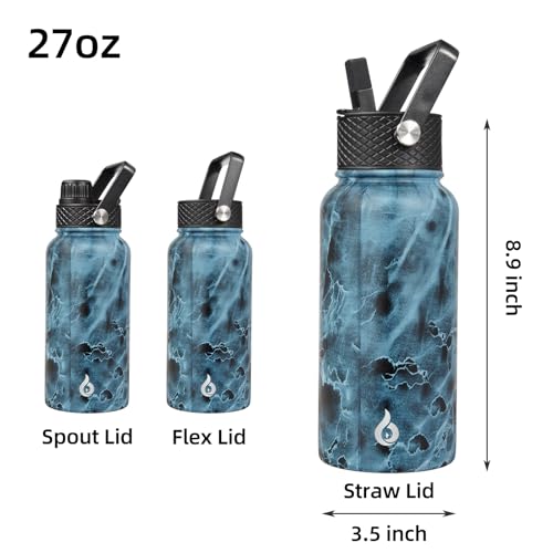 BJPKPK Insulated Water Bottles with Straw Lid, 27oz Stainless Steel Water Bottle with 3 Lids, Leak Proof BPA Free Metal Thermos Mug, Sports Water Bottle Keep Cold & Hot-Ocean