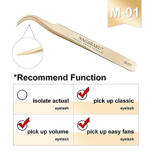 NAGARAKU Tweezers for Eyelash Extensions Straight and Curved Precision Professional Volume Easy Fanning lash Precise Point 1 Pair (M-01 and M-02)