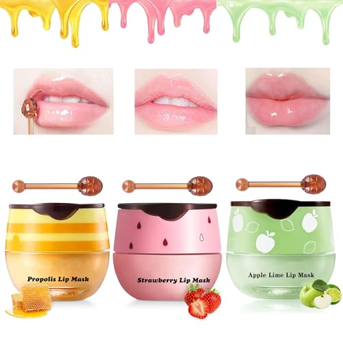 2PCS Honey Lip Balm, Exfoliating Honey Pot Lip Balm Sleeping Lip Mask with Brush, Hydrating & Prevention Dry and Cracked, Lip Scrubs Exfoliator & Moisturizer