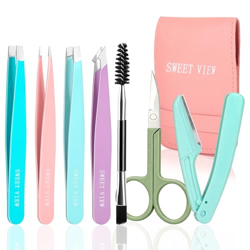 Sweet View 7-Piece Precision Tweezers Kit with Scissors & Razor