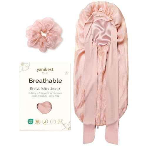YANIBEST Silk Bonnet for Sleeping Women Satin Lined Braid Bonnet with Breathable Tie Band for Curly Hair Pink