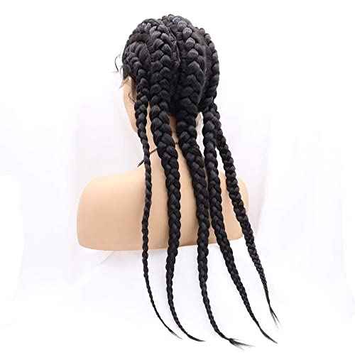 Xiweiya Long Black Braided Wig with Baby Hair Highlight 1B# Black Hair Synthetic 360 Full Lace Wig 5 Braids for Women,Drag Queen Makeup Christmas Party 24 Inches