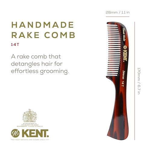 Kent 14T Tortoise Large Detangling Comb, Wide Teeth for Long Thick Curly Wavy Hair. Hair Detangler Comb For Wet and Dry. Saw-Cut from Cellulose and Hand Polished, Handmade in England