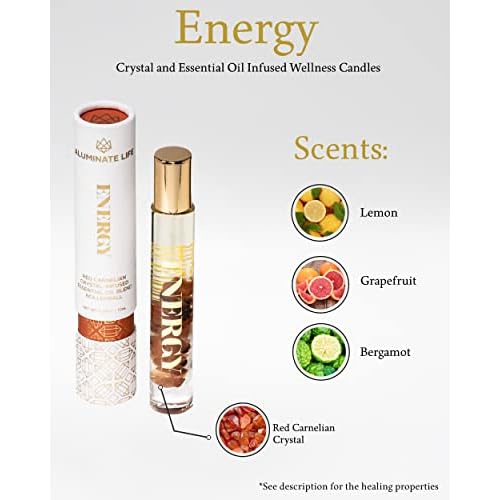 Essential Oil Rollerballs, .34 OZ, Energy - Red Carnelian Crystal Infused - Scents of Lemon, Grapefruit, & Bergamot - Aromatherapy Roll On Oils, Skin Care, Massage