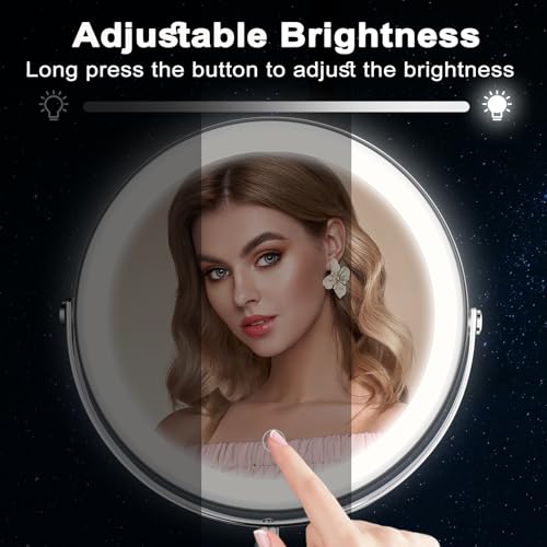 Lighted Makeup Mirror, 9" Rechargeable Vanity Mirror with Lights, Double-Sided 1X/10X Magnification, 3 Color Lights, Brightness Adjustable, 360¡Æ Rotation