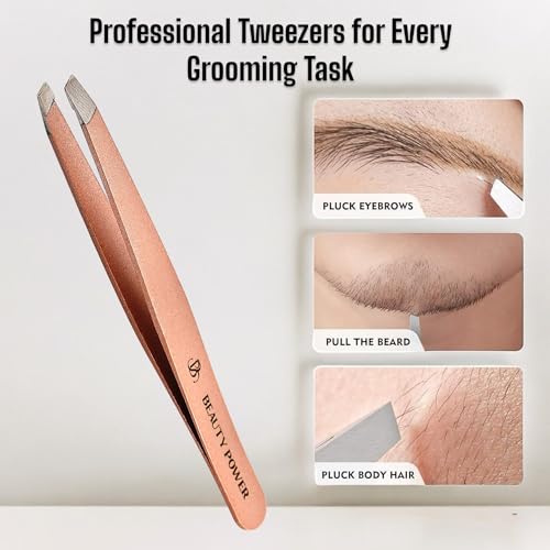 Slant Tip Precision Tweezers - Stainless Steel Eyebrow Tweezers for Women & Men - Precision Tweezers for Facial Hair, Ingrown Hair & Brow Shaping - Professional Beauty Tool - Rose Gold