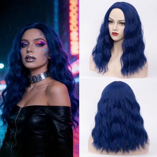 Dark Blue 18-Inch Curly Wavy Wig for Women Heat-Resistant Synthetic Hair Costume & Party Wear