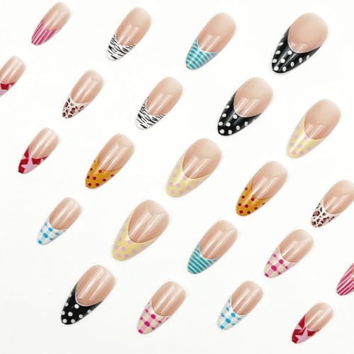 Colorful Almond French Tip Press On Nails - 24 Pcs with Polka Dots