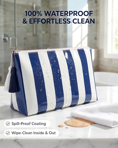 Navy Blue Striped Waterproof Cosmetic Bag | Beach Travel Pouch