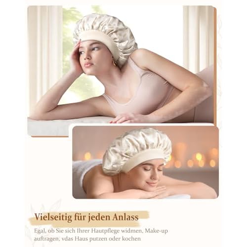 mikimini Satin Bonnet for Sleeping, Adjustable Silk Bonnets for Women, Soft Large Hair Bonnet for Curly Hair Long Hair and Braid with Elegant Creamy Dots Design