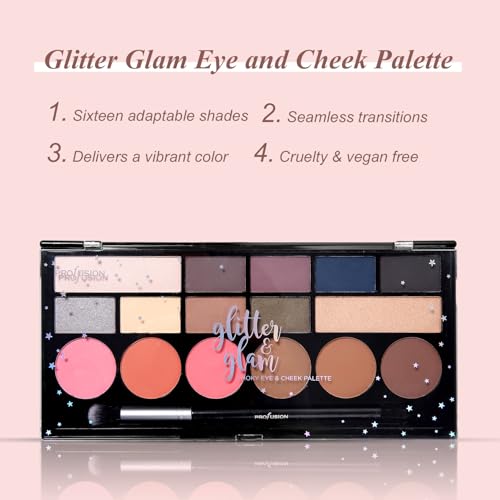 Profusion Glitter Glam Eye & Cheek Palette – 16 Shades + Brush