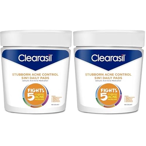 Clearasil Stubborn Acne Control 5in1 Daily Facial Cleansing Pads, with Salicylic Acid Acne Treatment Medicine, 90 Count (Pack of 2)