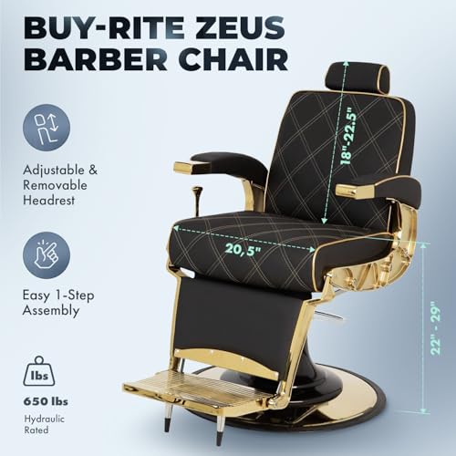 Buy-Rite Zeus Heavy-Duty Barber Chair with Gold Frame & Extra Wide Seat