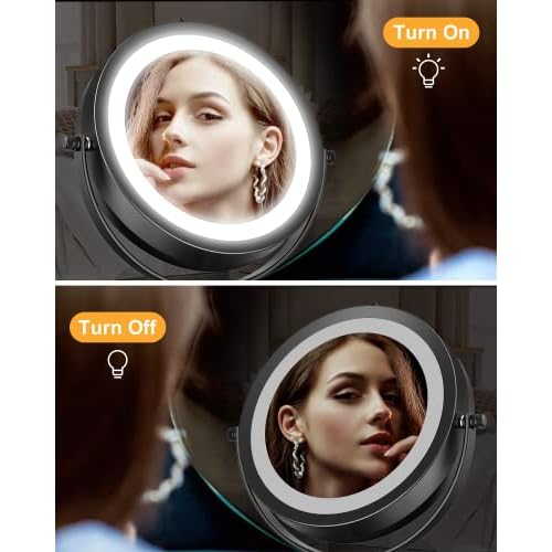 Gospire 7" Lighted Makeup Mirror with Magnification 10X/1X Double Sided, Round Magnifying LED Vanity Standing Cosmetic Shaving Mirror with Battery Operated, Cordless Portable for Bathroom Bedroom