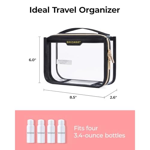 BAGSMART TSA Approved Toiletry Bag, Clear Travel Toiletry Bag, Makeup Cosmetic Pouch Bag for Women Quart Size Compliant Bag Organizer for Travel Essentials (Black Pack of 1,)