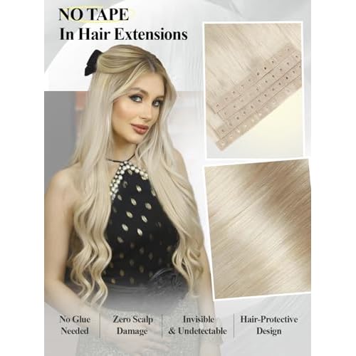 Human Hair Extensions Micro Ring PU Hair Extensions Glueless Remy Human Hair Extension with Holes Platinum Blonde Invisible Tape in Hair Extension for Women (35g 4Pcs,18 Inch)