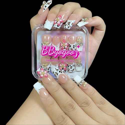 Handmade Press On Nails, 3D Velvet Floral Short/Medium Length Square White French Tips, Leopard Cherry Design, Reusable Acrylic False Nails (Velvet Jungle, M)