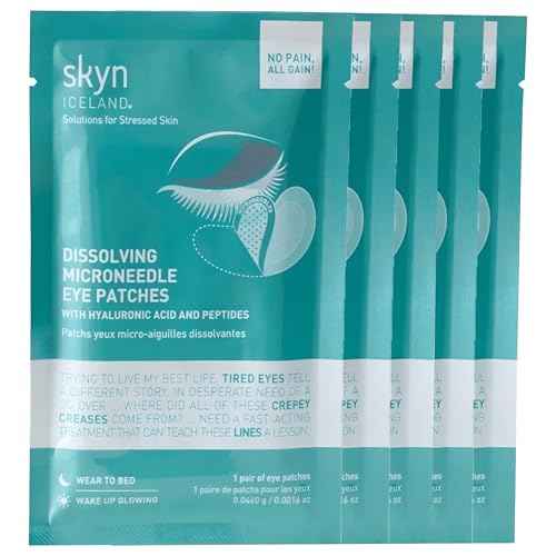 skyn ICELAND Dissolving Microneedle Under Eye Patches with 39% Hyaluronic Acid and Peptides, No Slip Overnight Eye Mask for Fine Lines, Wrinkles and Firming, Vegan, All Skin Types, 5 Pairs
