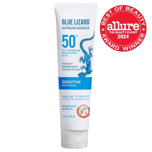 BLUE LIZARD Sensitive Mineral Sunscreen with Zinc Oxide 50+ Water Resistant UVAUVB Protection with Smart Cap Technology Fragrance Free, Sensitve, SPF 50 - - Tube, Unscented, 5 Fl Oz