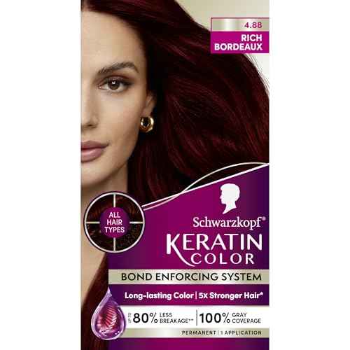 Schwarzkopf Keratin Permanent Hair Dye Cream, 4.8 Rich Bordeaux, Professional Quality Color for Up to 100% Gray Coverage, Bond Enforcing System