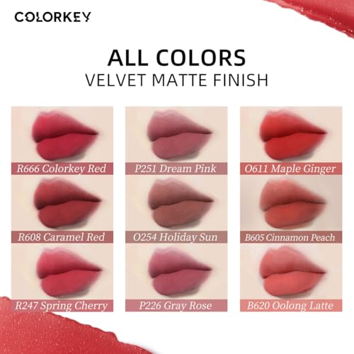 COLORKEY Airy Velvet Lip Tint, Matte Finishs, Longwear Rich Lip Colors, non-sticky, Creamy Soft Texture, Waterproof Lip Stain, Matte hydration, non-drying. Velvety finish (R666 Colorkey Red, 3g)