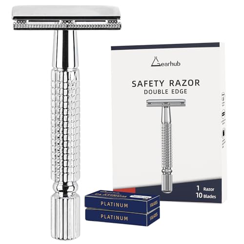 Gearhub Double Edge Safety Razor Reusable Stainless Metal Wet Shaving Razor with 10 Swedish Platinum Blades for Men Women Barber Bikini Armpit Hair, Silver GR131