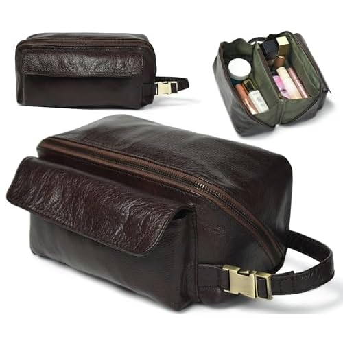 Coyote Bay¢ç Flypouch Premium Full Grain Soft Leather Makeup Bag Small 7.5 Inch, Travel Organizer Pouch, Shaving Kit, Cosmetics Toiletry Bathroom Organizer Kit (Brown, Small)