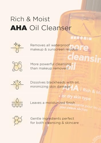 Hanskin AHA Pore Cleansing Oil for Dry Skin, Exfoliating, Waterproof Makeup Remover Facial Cleanser, Moisturizing for Soft Skin, Korean Skincare [AHA/10.14 oz.]