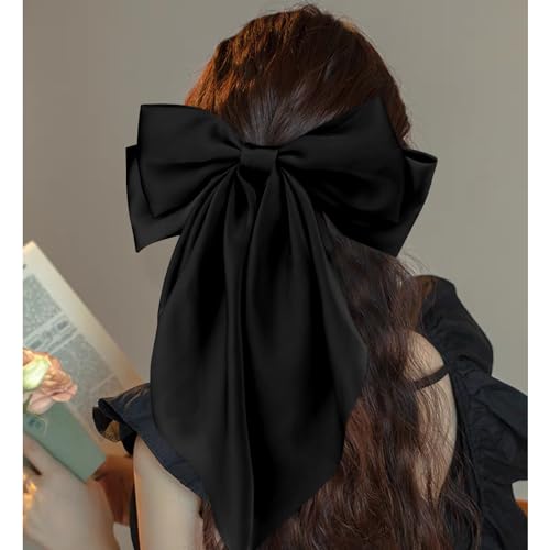 Velscrun 3Pcs Hair Bows for Women Black Hair Bow Big Hair Bows Clips for Girls Silky Satin Large Hair Ribbons Oversized Long Tail Hair Bows Hair Barrettes Hair Accessories Christmas Gifts