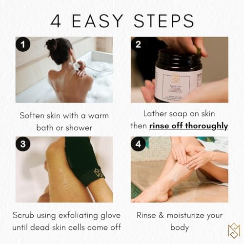 Exfoliating Glove Kessa Mitt Body Scrubber ? Dead Skin Remover Shower Glove for Deep Pore Cleansing, Black Soap, and Moisturizer with Argan Oil by Moroccan Source ? 3 Piece Spa Set Kit