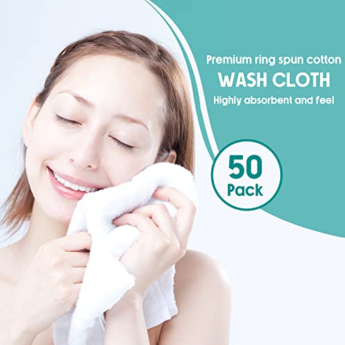 Buryeah 50 Pieces Cotton Washcloths 100% Ring Spun Cotton Wash Cloths Bulk Absorbent and Soft Feel White Towels for Bathroom, Spa, Gym and Face Cleaning (12 x 12 Inches)
