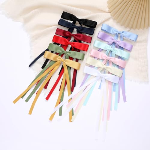 Slevaty Hair Bows Set: 12 PCS Ribbon Bowknot Clips and Barrettes with Long Tails for Women and Girls (12 Color Mixing)