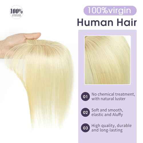 Bleach Blonde Real Human Hair Topper with Bangs Covers Thinning Crown, Clip-In Hair Topper for Thinning Hair (10Inch)
