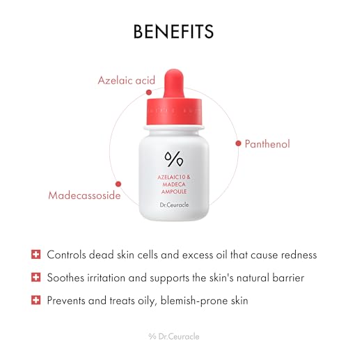 Dr.Ceuracle Azelaic Acid 10 & Madecassoside Ampoule - Redness Relief and Soothing Serum for Sensitive Skin and Blemish-Prone Spot Care, Korean Skincare for Stocking Stuffers