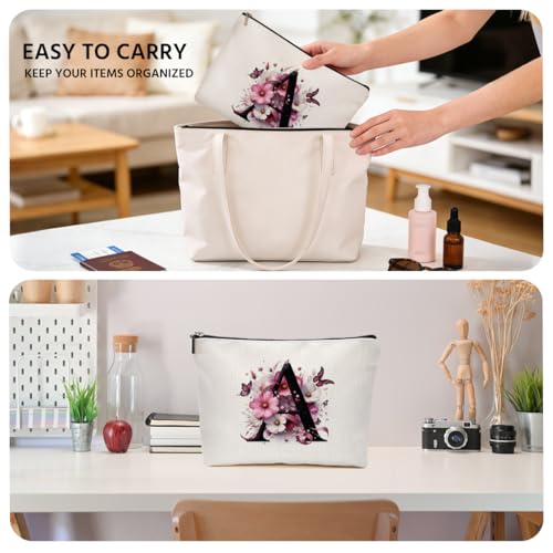 Pink Flower Initial A Makeup Bag - Travel Cosmetic Organizer for Women & Gifts