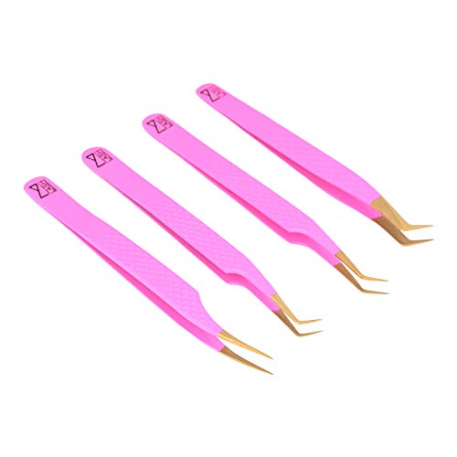 M LASH tweezers for Eyelash Extension (Set of 4) - Professional & Precision Eyelash tweezers - Japanese Steel, Diamond Grip, Fiber Tip V3 lash applicator tool (Pink)