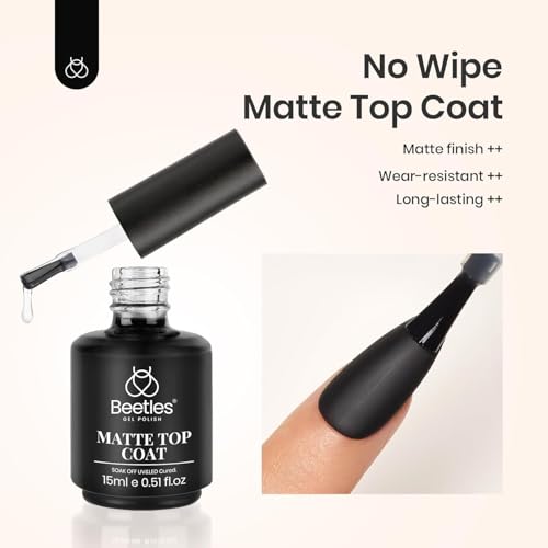 Beetles Matte Gel Top Coat No Wipe - 15ml Chrome Proof Finish for Nails